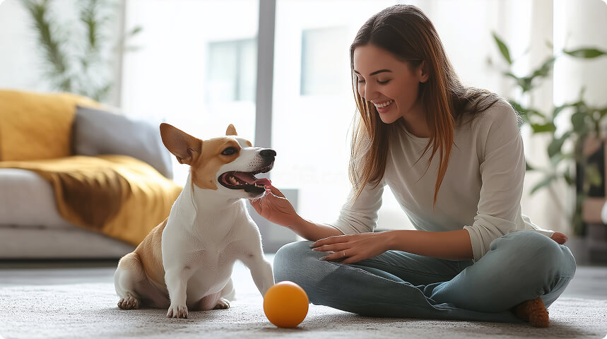 владелец играет с собакой в мяч